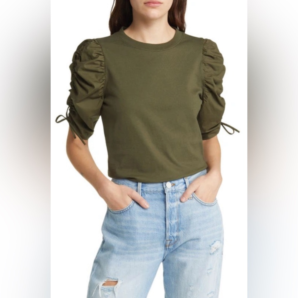 Frame Ruched Tie Sleeve Tee In Fatigue